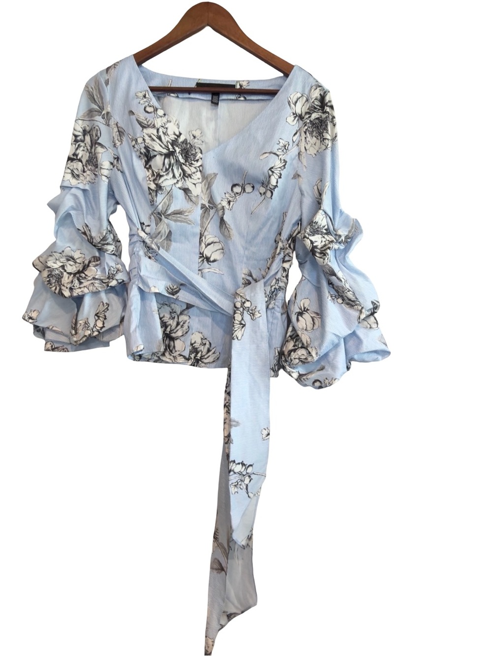 White House Black Market Light Blue Floral Wrap Top with Ruffle Sleeves